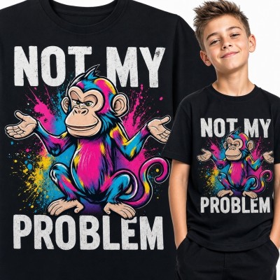 Koszulka chłopięca z małpą i napisem „Not my problem” - neonowy street art
