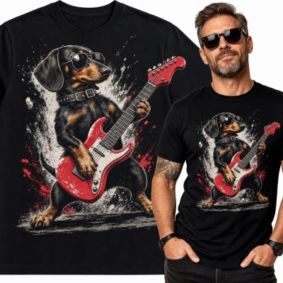 Koszulka męska z jamnikiem grającym na gitarze - rockowy nadruk