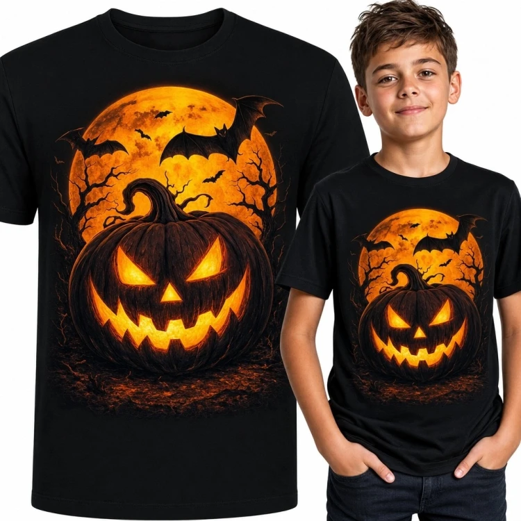 Koszulka chłopięca na Halloween z dynią jack-o’-lantern i nietoperzami