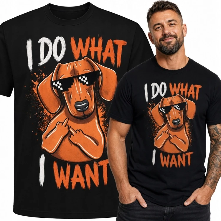 Koszulka męska z buntowniczym jamnikiem „I do what I want” - śmieszny psi nadruk