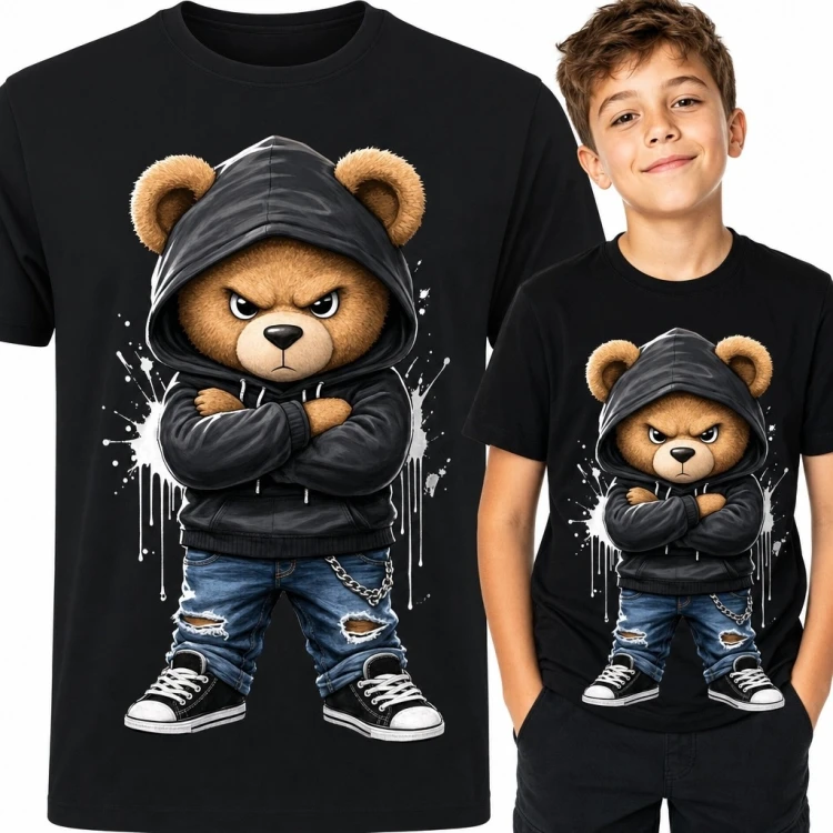 Koszulka chłopięca z groźnym misiem - streetwear i graffiti