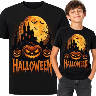 Koszulka chłopięca na Halloween z dyniami i zamkiem - „Halloween”