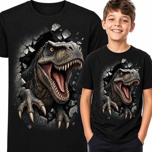 Koszulka chłopięca z T-Rexem 3D - ryczący tyranozaur przebijający ścianę