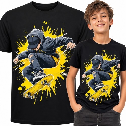 Koszulka chłopięca ze skaterem na deskorolce - komiksowy motyw streetwearowy