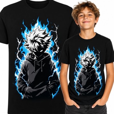 Koszulka chłopięca z postacią anime i niebieską aurą - mroczny motyw mocy