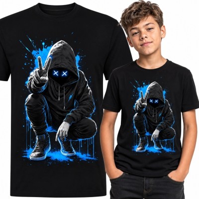 Koszulka chłopięca z postacią w kapturze i niebieskimi oczami X - mroczny streetwear