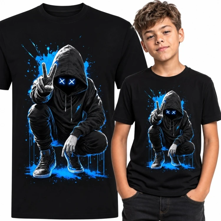 Koszulka chłopięca z postacią w kapturze i niebieskimi oczami X - mroczny streetwear