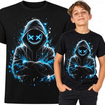 Koszulka chłopięca z neonową postacią w masce z oczami X - cyberpunk