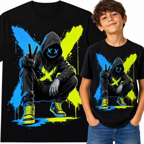Koszulka chłopięca z neonową postacią w masce - graffiti i streetwear