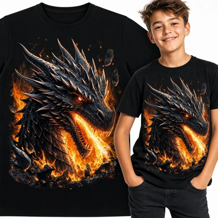 Koszulka chłopięca ze smokiem ziejącym ogniem - ognisty motyw fantasy