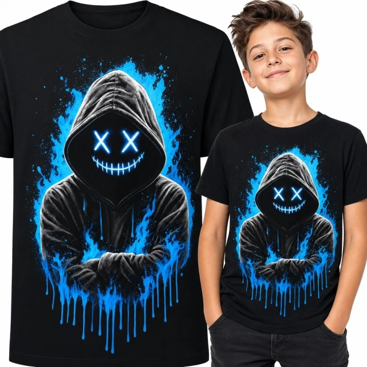 Koszulka chłopięca z neonową zakapturzoną postacią - mroczny streetwear