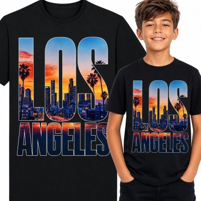 Koszulka chłopięca „Los Angeles” - panorama miasta i zachód słońca