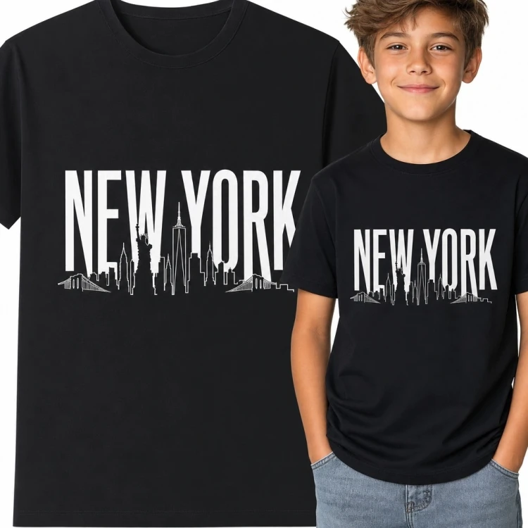 Koszulka chłopięca „New York” z panoramą miasta - miejski nadruk