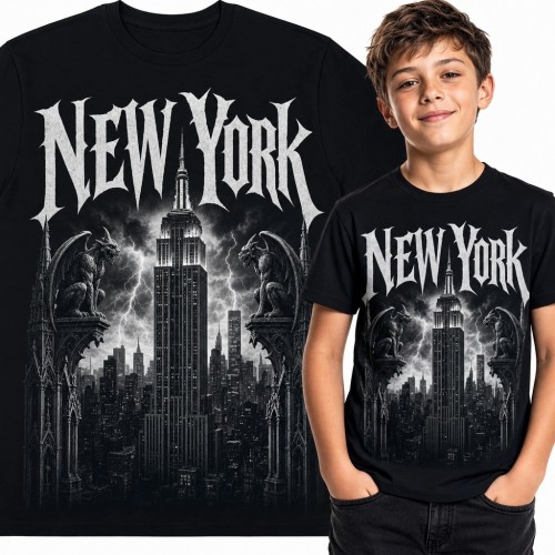 Koszulka chłopięca „New York” - gotycka panorama Nowego Jorku z Empire State Building i gargulcami
