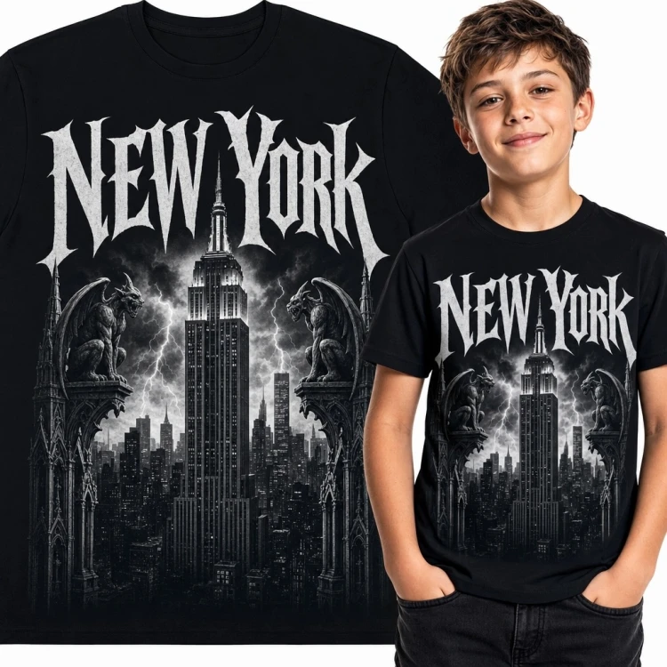 Koszulka chłopięca „New York” - gotycka panorama Nowego Jorku z Empire State Building i gargulcami