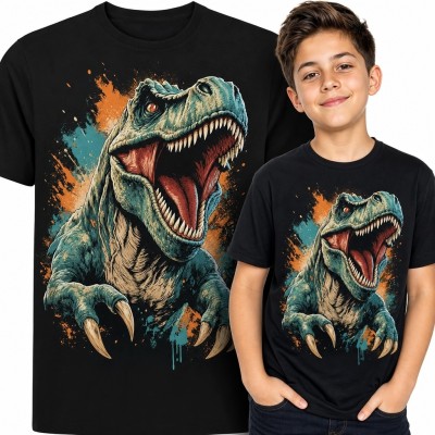 Koszulka chłopięca z ryczącym T-rexem - dynamiczny motyw dinozaura