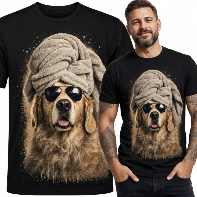 Koszulka męska z golden retrieverem w okularach - zabawny pies w domowym spa