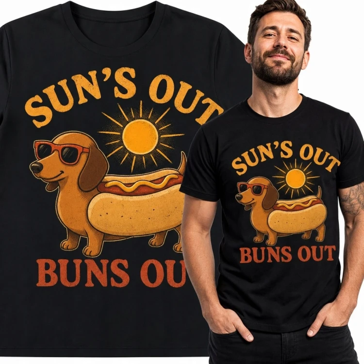 Koszulka męska z jamnikiem w stylu hot doga „Sun’s Out Buns Out” - wakacyjny humor