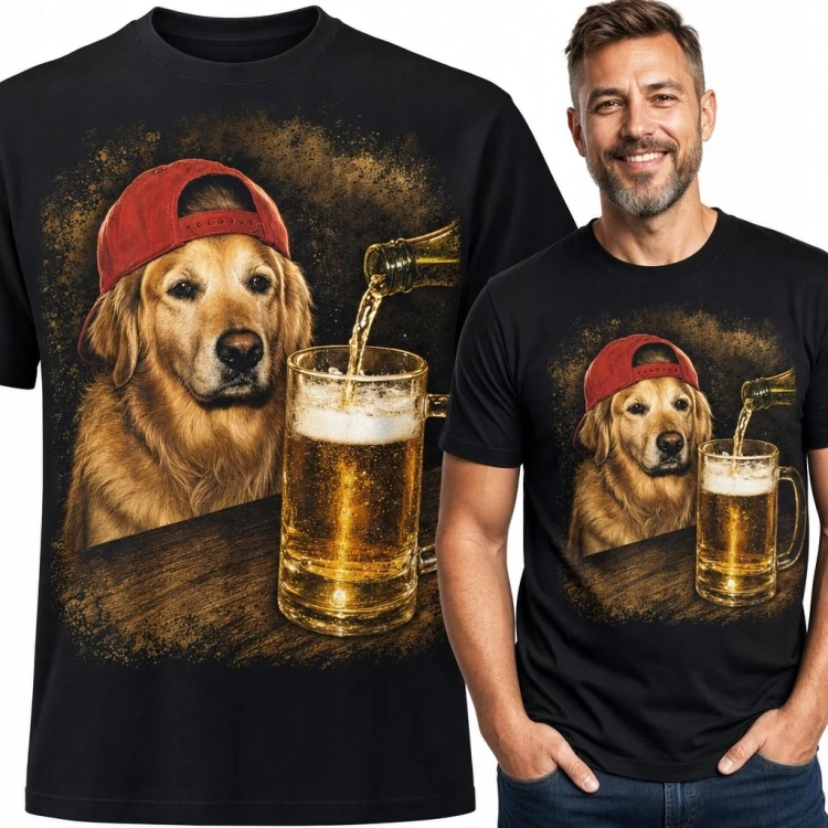Koszulka męska z golden retrieverem i kuflem piwa - humorystyczny wzór