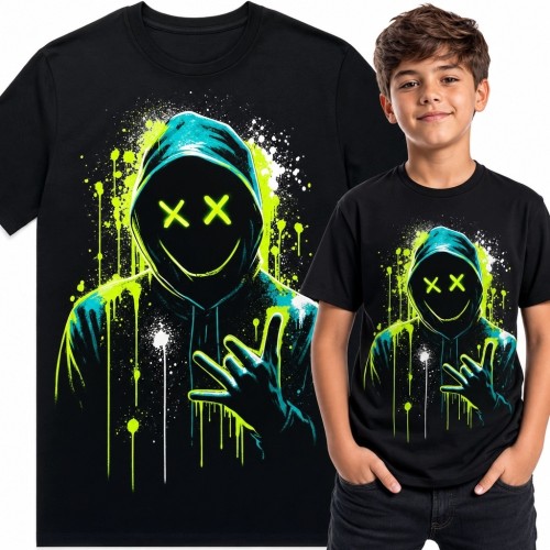 Koszulka chłopięca z neonową postacią w kapturze - streetwear i graffiti