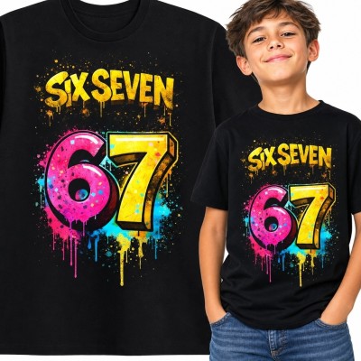 Koszulka chłopięca z neonowym „67” - wzór graffiti