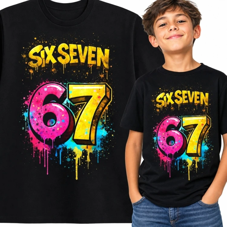 Koszulka chłopięca z neonowym „67” - wzór graffiti
