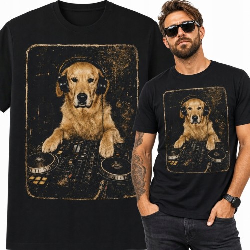 Koszulka męska z golden retrieverem przy konsolecie DJ-skiej - muzyczny nadruk
