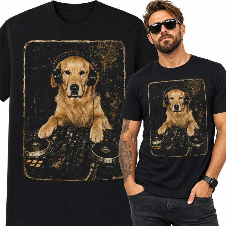 Koszulka męska z golden retrieverem przy konsolecie DJ-skiej - muzyczny nadruk