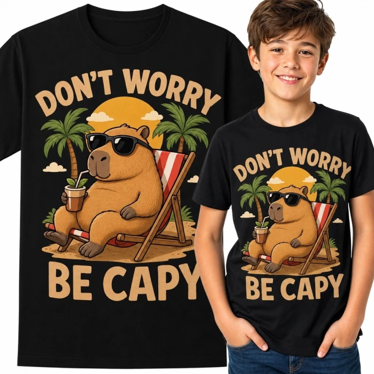 Koszulka chłopięca z kapibarą „Don’t Worry Be Capy” - wakacyjny wzór