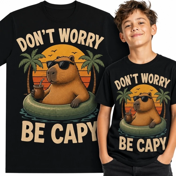 Koszulka chłopięca z kapibarą i napojem w dmuchanym kole „Don’t Worry Be Capy”