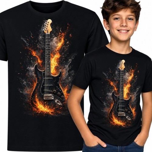 Koszulka chłopięca z płonącą gitarą elektryczną - rockowy motyw