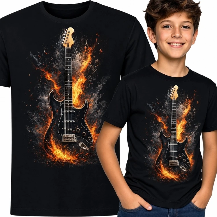 Koszulka chłopięca z płonącą gitarą elektryczną - rockowy motyw