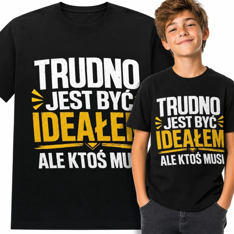 Koszulka chłopięca z napisem „Trudno jest być ideałem, ale ktoś musi” - żółte akcenty