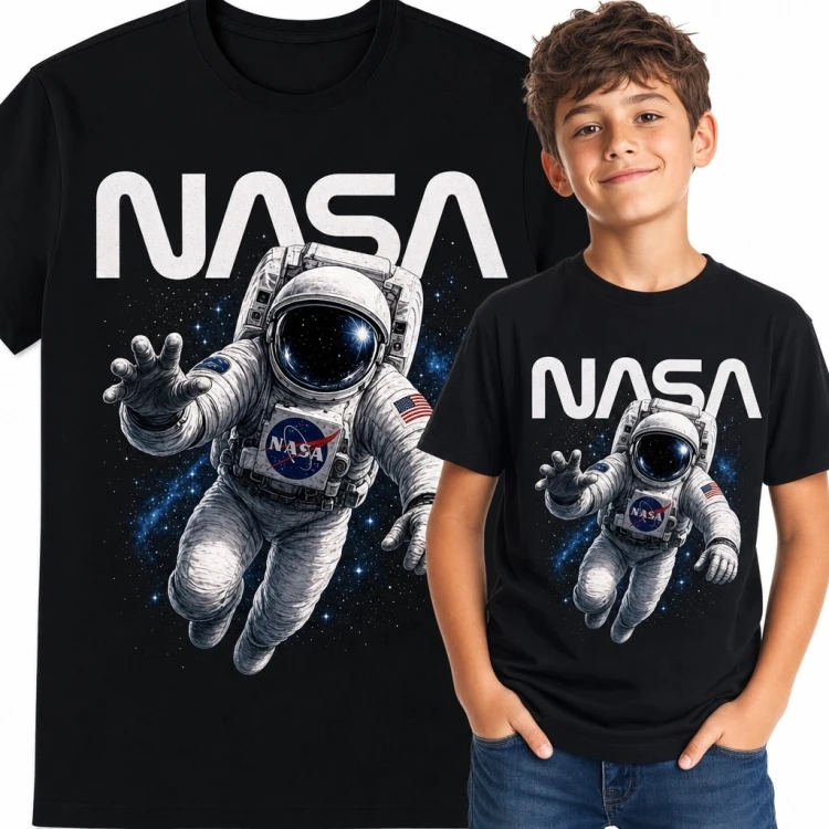 Koszulka chłopięca „NASA” z astronautą lecącym wśród gwiazd