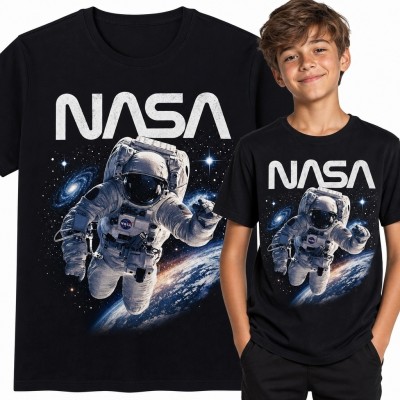Koszulka chłopięca z astronautą nad Ziemią i napisem „NASA”