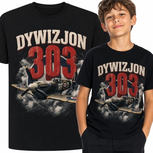 Koszulka chłopięca „Dywizjon 303” z samolotem myśliwskim - historyczny motyw lotniczy