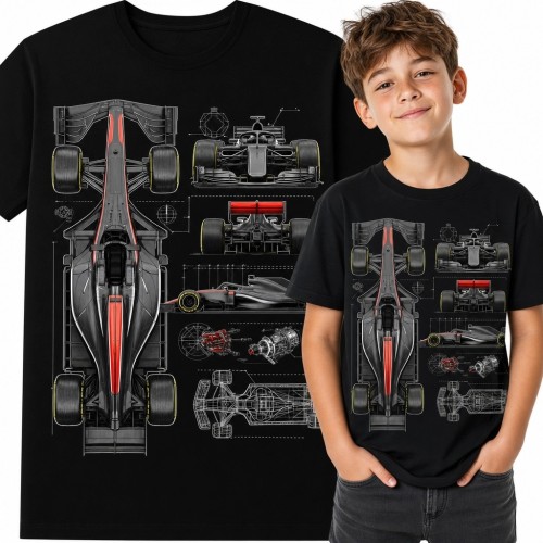 Koszulka chłopięca z technicznym schematem bolidu wyścigowego - motorsport
