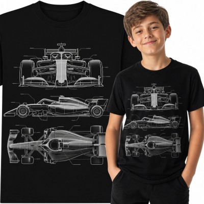 Koszulka chłopięca z bolidem wyścigowym - techniczny schemat motorsportowy