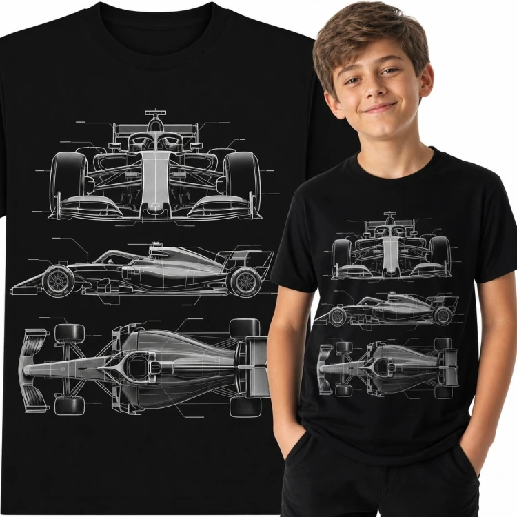 Koszulka chłopięca z bolidem wyścigowym - techniczny schemat motorsportowy