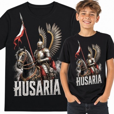 Koszulka chłopięca z husarzem na koniu i napisem „Husaria” - patriotyczna