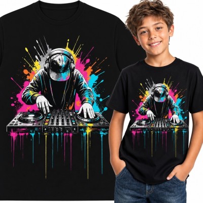 Koszulka chłopięca z neonowym DJ-em - futurystyczny motyw street art