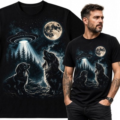 Koszulka męska z wilkami, UFO i pełnią Księżyca - mroczny motyw science fiction