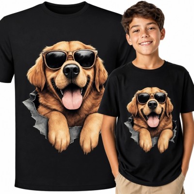 Koszulka chłopięca z golden retrieverem w okularach - nadruk 3D