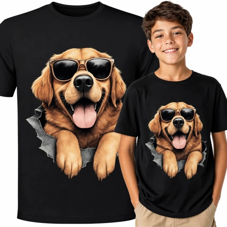 Koszulka chłopięca z golden retrieverem w okularach - nadruk 3D