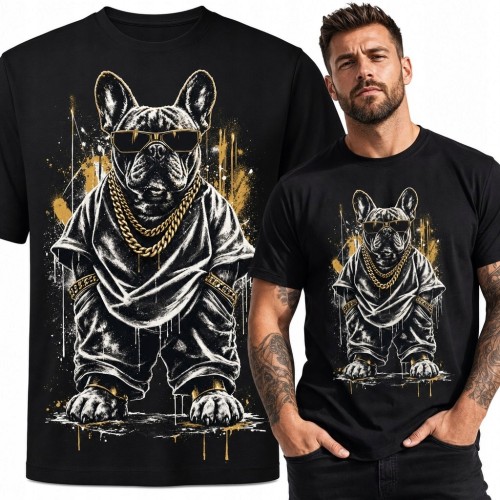Koszulka męska z buldogiem francuskim w stylu streetwear - czarno-złoty nadruk