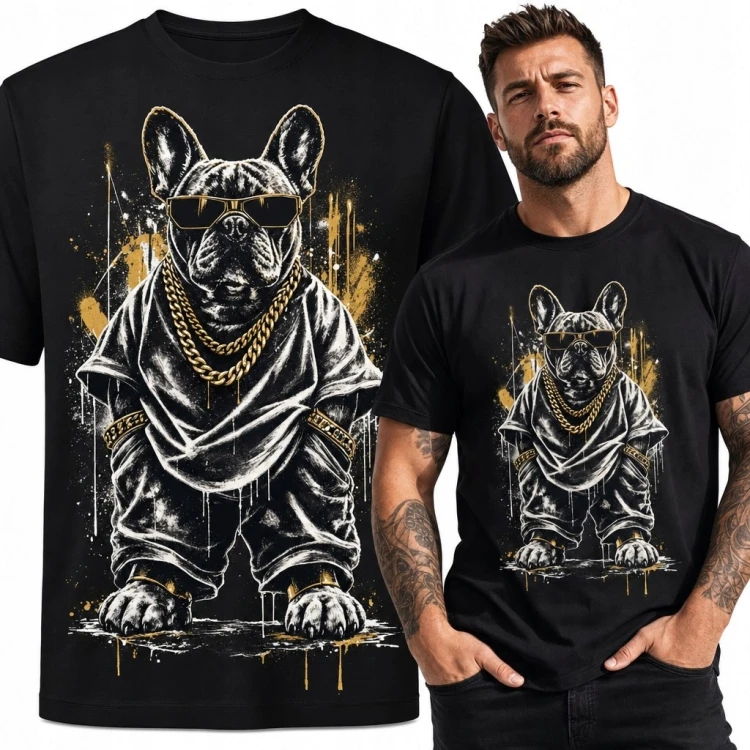 Koszulka męska z buldogiem francuskim w stylu streetwear - czarno-złoty nadruk