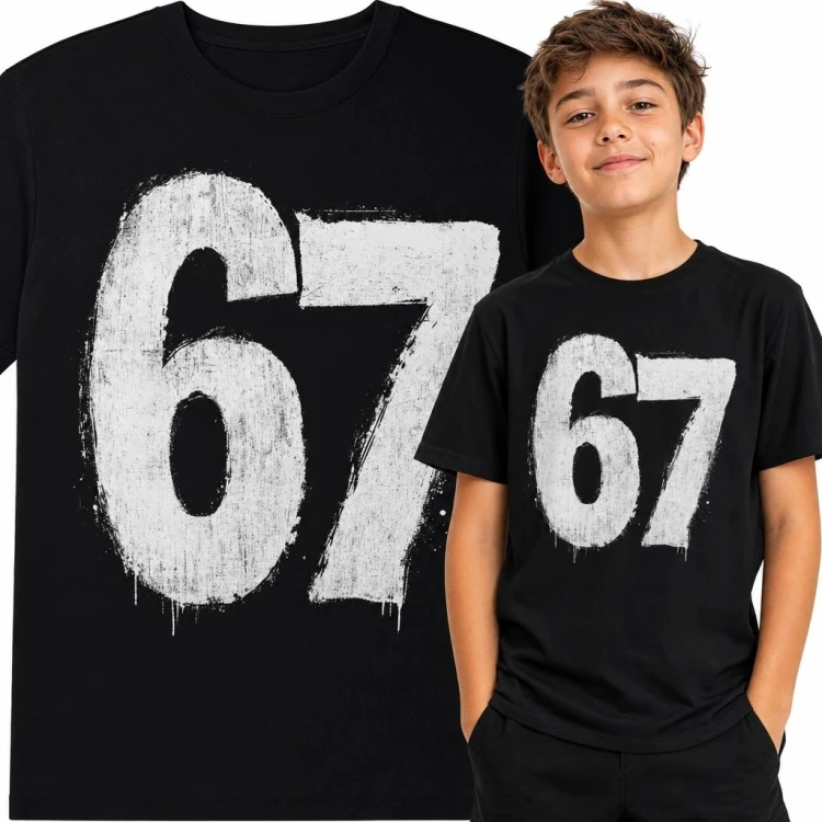 Koszulka chłopięca z dużym nadrukiem „67” - styl streetwear