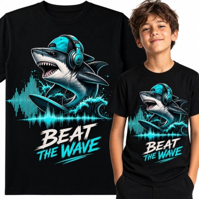 Koszulka chłopięca z rekinem surfującym w słuchawkach „Beat the Wave”