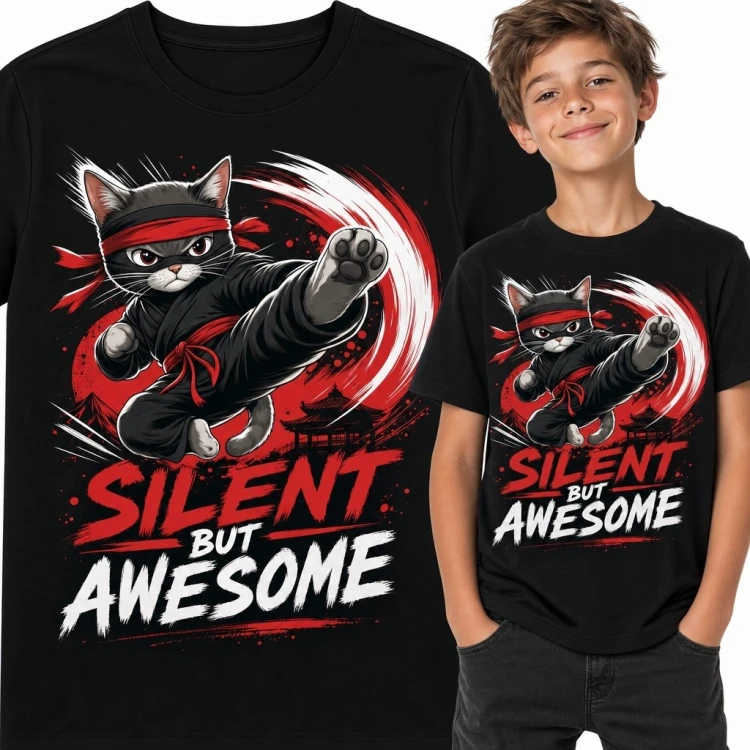 Koszulka chłopięca z kotem ninja „Silent but awesome” - komiksowy wzór