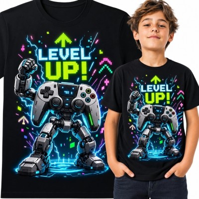 Koszulka chłopięca dla gracza „Level Up!” - neonowy robot z padem